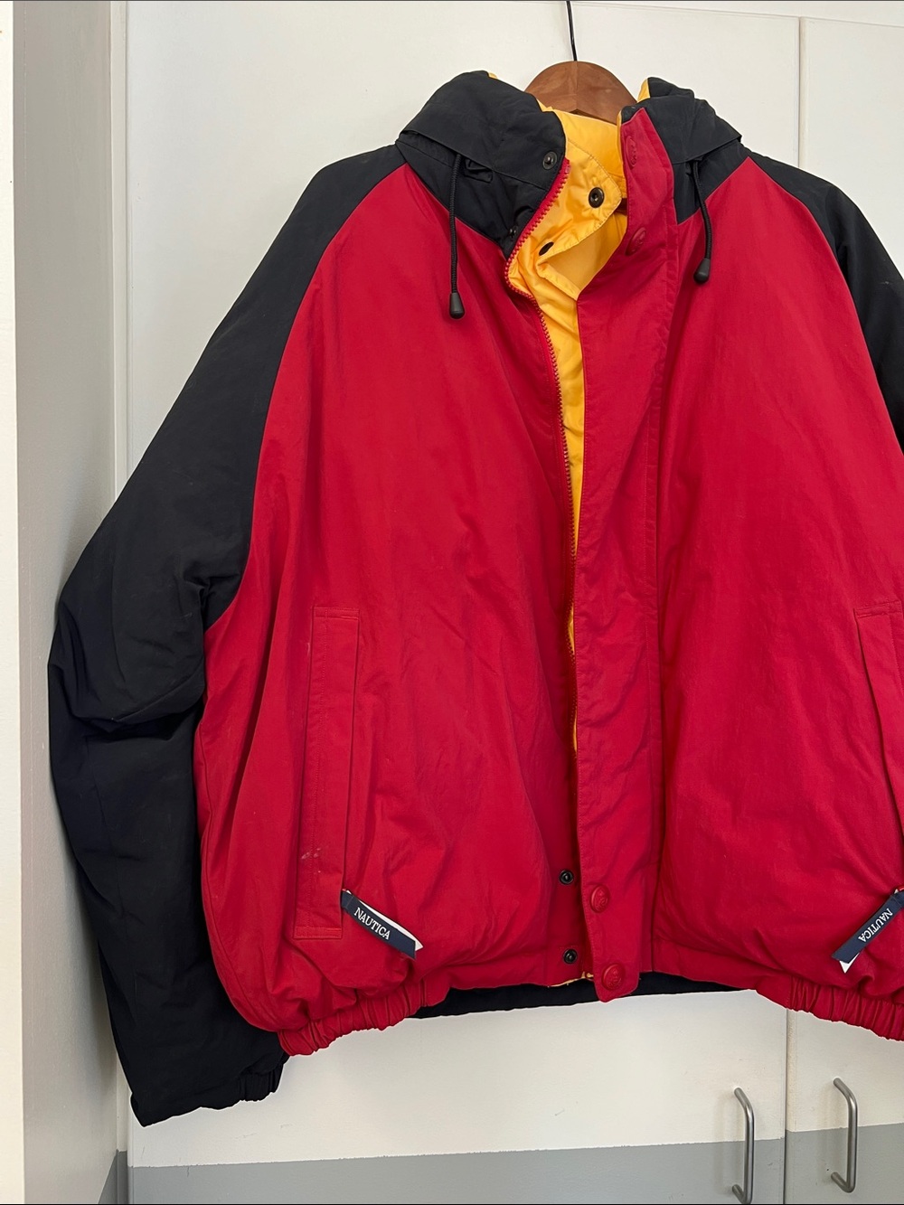 Nautica REVERSIBLE Red, Black & Yellow Hooded Puffer Jacket Coat Winter